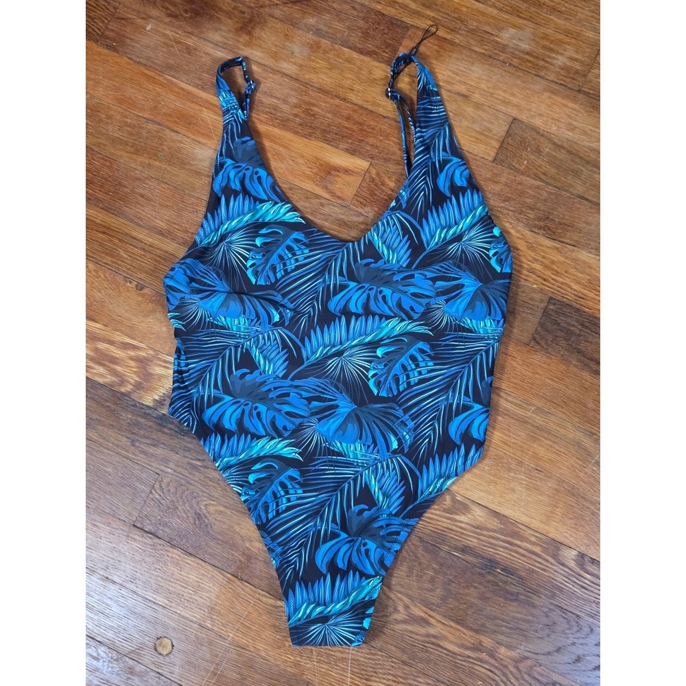 Relleciga Womens XXL Blue Tropical Palm Leaf High Cut V-Neck One Piece Swimsuit